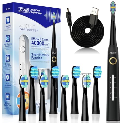 Seago Elektrische Zahnbürste, Schallzahnbürste mit 40000VPM weißen Ihre Zähne in zwei Wochen, USB wiederaufladbar, mit persönlichen 5-Modi und 8-Köpfen, Elektrische Schallzahnbürste, SG-958(Schwarz)