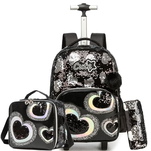 HTgroce Rucksack Mit Rollen Kinder Rucksack mit Rädern 3 in 1 Schulranzen Trolley Set Schultasche mit Mittagessen Trolley Handgepäck Rucksack mit Rädern