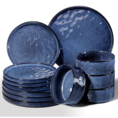 Homikit Geschirrset, 12-teiliges Geschirr Set für 4 Personen, Kombiservice Tafelservice mit Speiseteller Dessertteller und Müslischüsseln, Mikrowellen- und Spülmaschinenfest, Edelblau