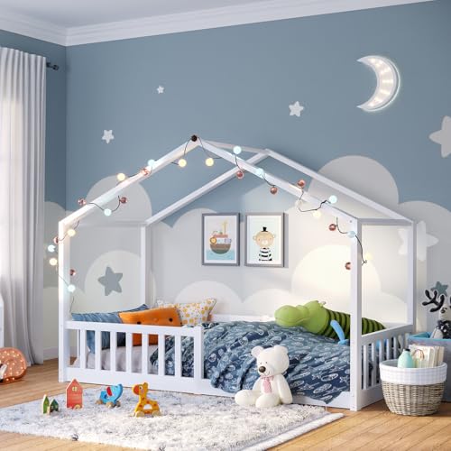 Bellabino Bia Kinderbett 90x200 cm – Bodenbett mit Rausfallschutz & Lattenrost – Hausbett aus Massivholz Kiefer – Montessori Kinder Bett in Weiß für Jungen und Mädchen