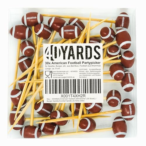 40YARDS American Football Zahnstocher (30 Stück): Party Deko/Burger Spieße/Cocktail Spieße & Football Deko im Snack Stadion