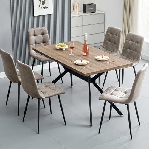 ANVOFONG Essgruppen Esstisch mit 6 Khaki Stühlen,140 x 80 x 76 cm Rechteckig Esstisch aus Holz mit Esszimmerstühle mit technisches Tuch,für Küche Esszimmer und Wohnzimmer