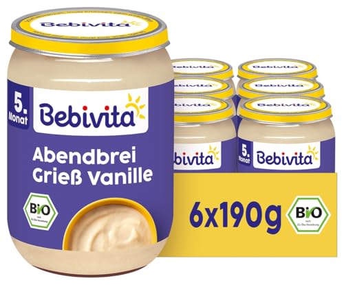 Bebivita Bio Abendbrei Grieß Vanille (6 x 190g), ab 5. Monat, ohne Zuckerzusatz, gut sättigend, 100% Bio-Qualität