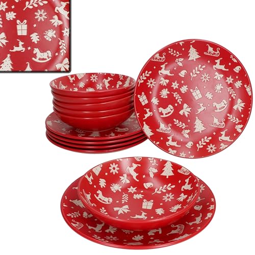 MamboCat Advent 12tlg Tafelservice I Steingut-Geschirr für 6 Personen in Rot mit Weihnachtsmotiven in Creme I winterliche 6X Speiseteller & 6X Suppenteller 480ml I Weihnachten