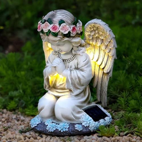 Solar Engel Gartenfiguren, Grablichter, LED Fairy Engel Figur, Gebetsengel Solarleuchte 6~12Stunden, Gartendeko Figuren 20.5cm×15.5cm×14cm, wetterfest grabschmuck für Friedhof Outdoor Gartendekoration