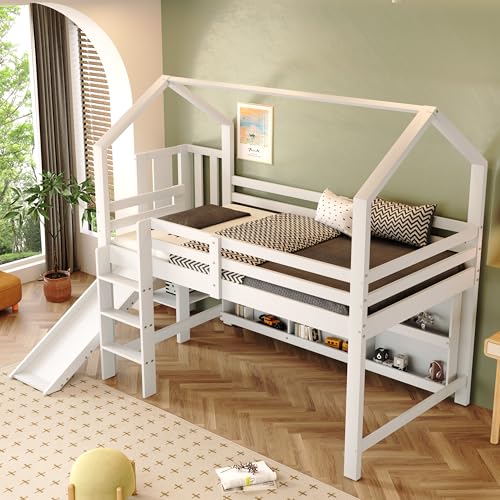 Moimhear Kinderbett, Einzelbett, 90x200cm, Multifunktionales Kinderbett, Mit Rutsche, Treppen, Schließfach, Regal, Massivholz+MDF, Weiß