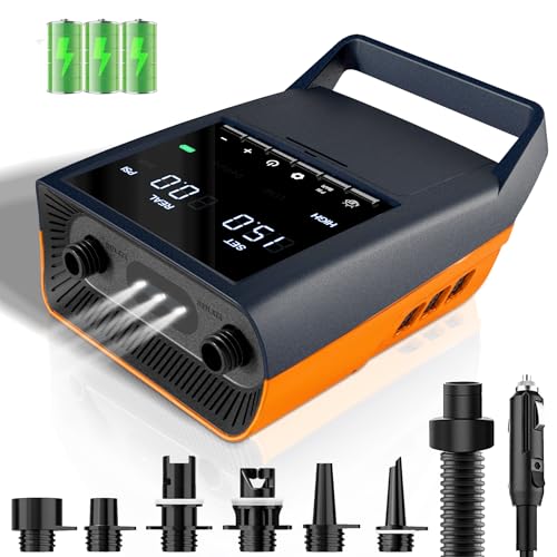 Mojimdo Elektrische SUP Pumpe Akku, 20PSI Wiederaufladbare Luftpumpe, Notstrom und Notlicht, Auto-Off, 12V DC & Typ-C, mit 6 Düsen, für Stand Up Paddle Boards, Kajaks, Zelte, Matratzen