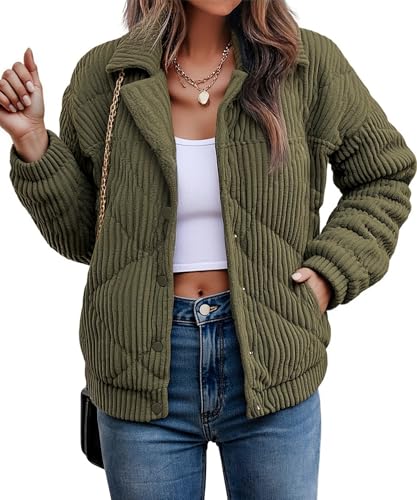 Theenkoln Damen-jacken Winter Warme Teddyfleece Sweatjacke Flauschige Teddyjacke Herbst Übergangsjacke Cordjacke Sherpa Wintermantel mit Taschen Armeegrün M