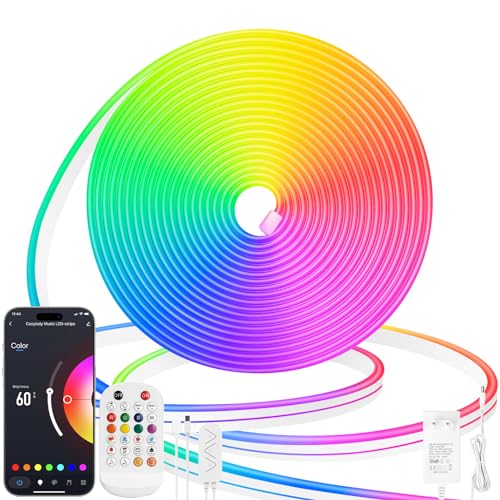Lamomo Neon LED Strip 5m RGB, IP65 Waterproof Flexible Bluetooth Compatible, 12V Colour Changing Dimmable Light Strip for Outdoor with Remote Control, Silicone DIY Led Lichtband for Bedroom Decoration