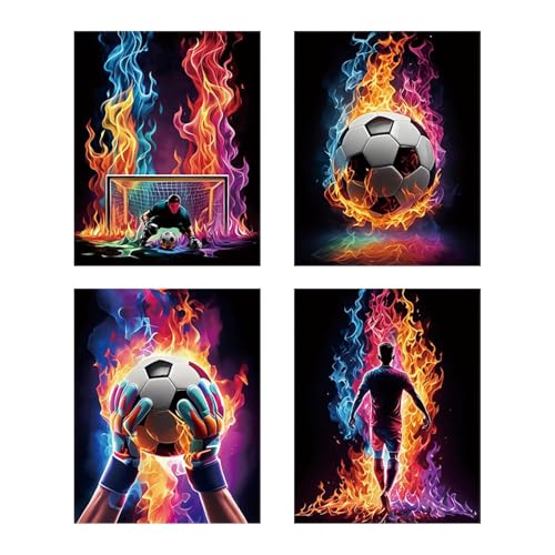 Fychuo 4 Stück Graffiti Jungenzimmer Wandbilder, Neon Leinwand Bilder Kinderzimmer Junge, Fussball Poster Jugendzimmer Deko Jungen, Sport Wanddeko für Wohnzimmer Schlafzimmer, 30×20 cm, Ohne Rahmen