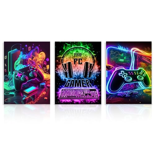 Dazzlewall 3Pcs Spiel WandBilder Cool Neon Gaming Bilder für Teen Jungen Zimmer Schlafsaal Spiel Zimmer Dekor 30×40 cm Ungerahmt