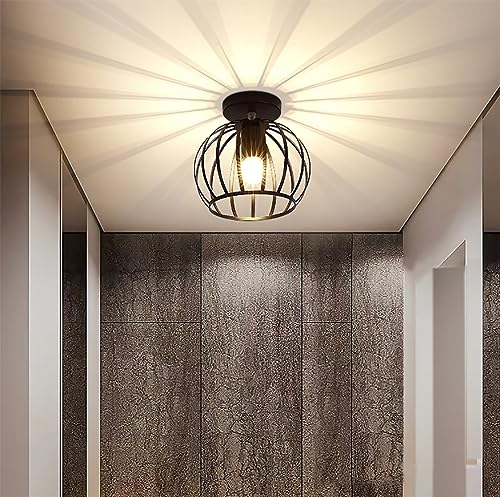 Goeco Deckenleuchte Vintage, Industrial Pendelleuchte Metall in Käfigform, Retro Deckenlampe E27 Hängelampe Lampenschirm für Korridor, Balkon und Speisesaal, Ø 20cm, Schwarz