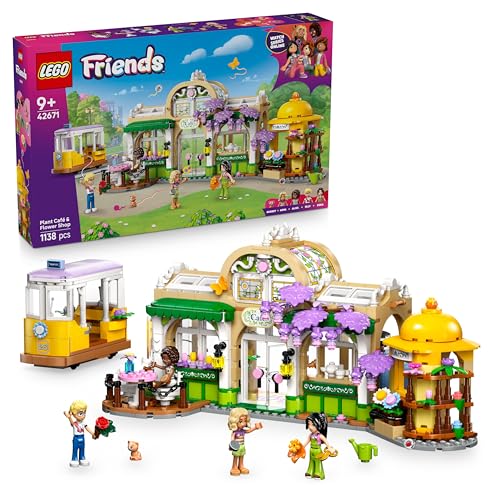 LEGO Friends Pflanzencafé und Blumenkiosk - Spielzeug mit 4 Minifigur, 1 Katzenfigur, Straßenbahn und Küchenzubehör - Gebäck, Tassen & Teekanne – Geburtstagsgeschenk für Mädchen ab 9 Jahren – 42671