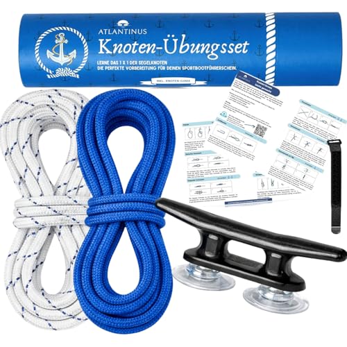 Knoten-Übungsset für den Sportbootführerschein See Binnen SBF mit Video-Anleitung - inkl. 2 x Seilen, Klampe mit Saugnäpfen, Klettgurt & Knotenanleitung auf Papier und Video