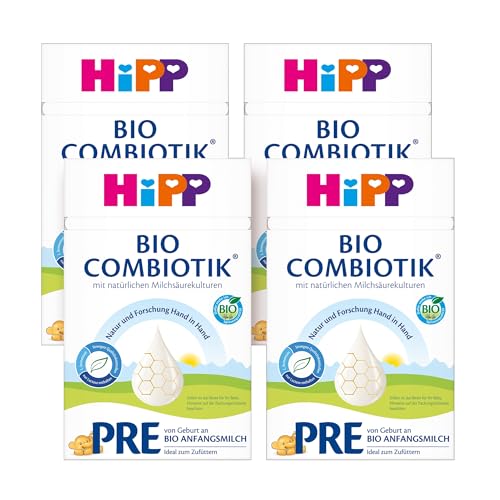 HiPP PRE Bio Combiotik (4 x 600g), Anfangsmilch von Geburt an, mit natürlichen Milchsäurekulturen, enthält nur Lactose als Kohlenhydrat, in bester Bio-Qualität