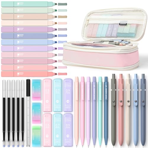 Four Candies 39 Stück Schulsachen mit Mäppchen, 12 Pastell Textmarker, 5 Gelstifte, 6 Druckbleistift Set, Aesthetic Stifte für Teenager Mädchen Coole Sachen School Stuff Clean Girl Office Adult(Rosa)