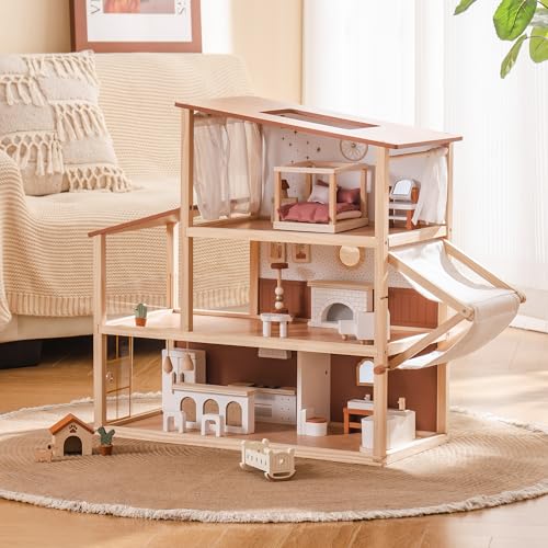 ROBOTIME Böhmisches Puppenhaus aus Holz | 3-stöckiges Spielhaus mit verstellbarem Zelt und Schiebetüren | Reichhaltiges Zubehör | Fantasievolles Geschenk für Kinder ab 3 Jahren