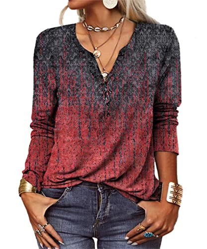 GRMLRPT Tops Damen Langarm Rundhal Tshirts Tunika Oberteile Bedruckte Bluse Damen Elegant Lässige Hemd Knopfleiste (Rot,M)