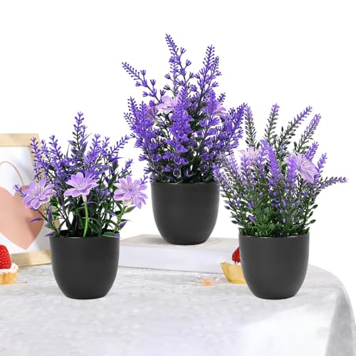 VGECEE 3 Stück Künstliche Pflanzen Lavendel Kunststoff Pflanzentopf Kunstpflanze Kleiner Topf Pflanzen Künstlich Lavendel Fake Plant Gefälschte Pflanzen für Badezimmer Home Office Tisch Dekor Indoor