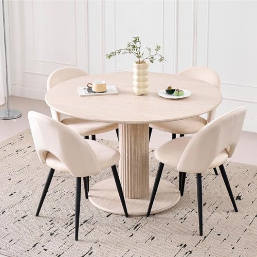 DEYARNA HOME 115cm Runder Esstisch mit 4 Esstischstühlen, Küchentisch aus MDF (Travertin-Maserung) und 4 Stühle für Küche, Esszimmer, Wohnzimmer und Büro (Beige)