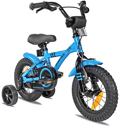 PROMETHEUS BICYCLES Kinderfahrrad ab 3 Jahren - 12 Zoll Kinder Fahrrad Mädchen Jungen Fahrrad Kinder mit Stützräder Rücktrittbremse in Blau
