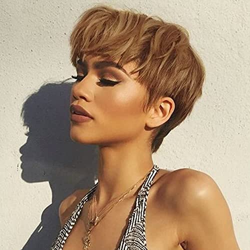 Fereowth Kurze Perücke, braun, Echthaar, kurz, Pixie, menschliches Haar, mit Pony, glatt, brasilianisches Haar mit Pony, natürliche Perücken für Frauen (Braun)