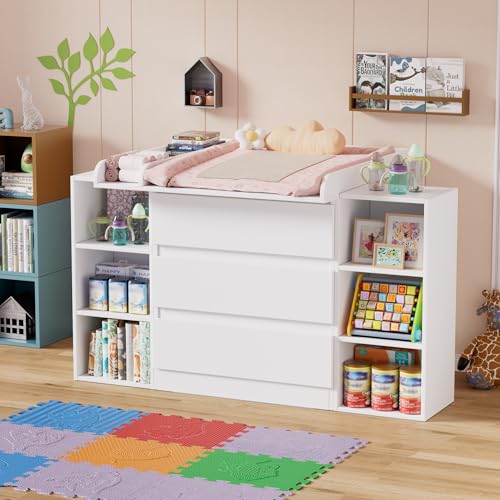 2-in-1 Wickelkommode mit abnehmbarem Wickelaufsatz, Baby Wickeltisch&Kommode mit 3 Schubladen und 6 Regalfächern für Kinderzimmer und Schlafzimmer,73x70x78 cm/113x32x70 cm, Weiß（Ohne wickelauflage)