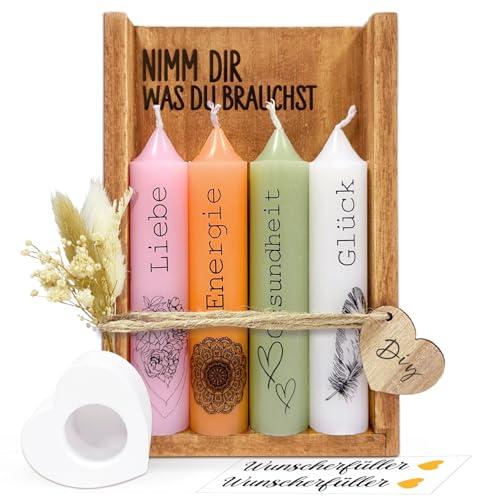 Kerzenset mit Kerzenständer, Geschenke für Frauen, Geschenke für Freundin Schwester zum Geburtstag, Nimm dir was du brauchst Kerzen, Kerzen Deko Geschenkidee mit Holzbox Trockenblumen