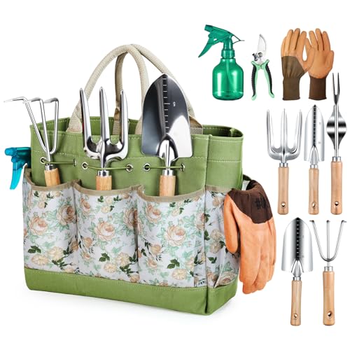 Grenebo Gartenwerkzeug Set,9 Stück Garten Werkzeug mit Gartengeräte Organizer Handtasche, Rostfreies und ergonomisches Gartengeräte Set, Ideale Gartengeschenke für Frauen für Gartenliebhaber geeignet.
