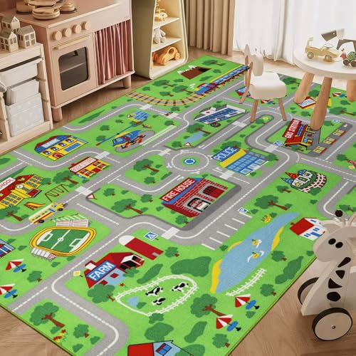 Capslpad Kinderteppich 150x200cm rutschfest Stadtplan Spielteppich Pädagogischer Spielteppich Maschinenwaschbar Kurzer Flor Autoteppich Kinder für Kinderzimmer Schlafzimmer Spielzimme Grün