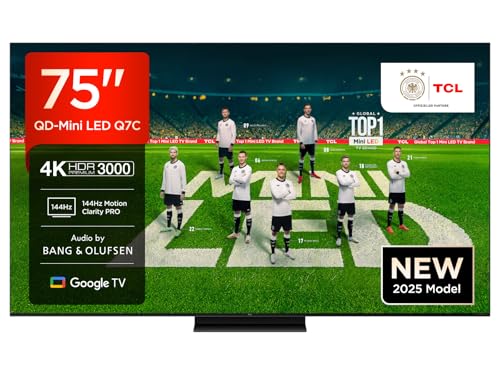 TCL 75Q7C QLED Mini LED Fernseher, 75 Zoll, 4K HDR Premium, Dolby Vision IQ & Atmos, Smart TV mit Google TV, 6.2.2 Sound, 144Hz VRR, AMD FreeSync Premium Pro, HDMI 2.1, AirPlay 2
