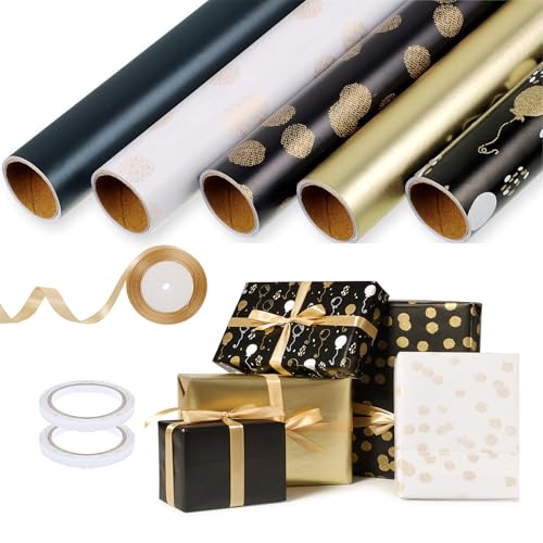 woric 5 Rollen Geschenkpapier Set, 3m x 43cm Weihnachtsgeschenkpapier Geschenkpapier Gold Schwarz Geburtstag Geschenkpapierrolle mit Schleifenband für Valentinstag Hochzeit Geburtstag