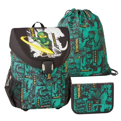 SKANDO BAGS Lego - Jungen Easy Schulranzenset 3tlg. - NINJAGO, Green 2023 - Mit Turnbeutel, Federmäppchen (inkl. Aller nötigen Schreibutensilien) - Leichtgewicht und hoher Komfort