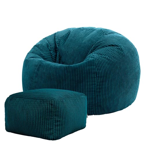 Icon Kingston Sitzsack mit Hocker Cord, Blaugrün, Sitzsack Erwachsene mit Füllung, Bean Bag, Cord Sessel, Lounge Sessel, Lounge Stuhl, Schlafzimmer, Wohnzimmer, Wohnzimmer Möbel
