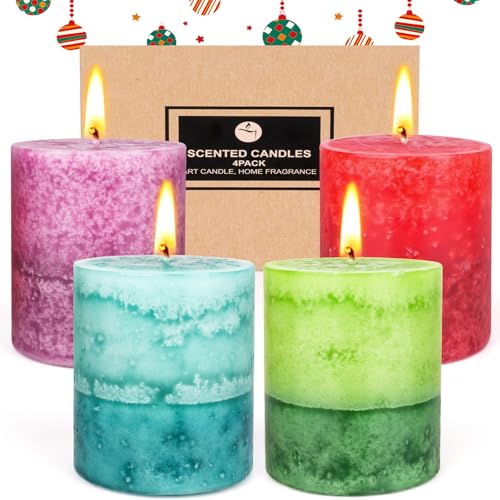 Duftkerzen Geschenkset, 4er Rustik Duft Stumpenkerzen, Dekorative Haushaltskerzen-50 Stunden Länge Brenndauer, Aromatherapie Kerzen Deko für Tischdeko, Weihnachten & Feste, Kerzen Geschenkset Damen