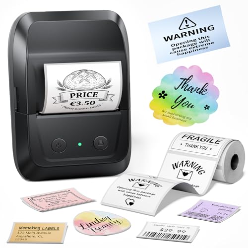 Memoking Etikettendrucker Selbstklebend, Bluetooth Label Printer mit 2000 Symbolen und 300 Vorlagen,Thermo Sticker Labeldrucker für Einzelhandel, kleine Unternehmen, Schule, Heim mit Handys & PC