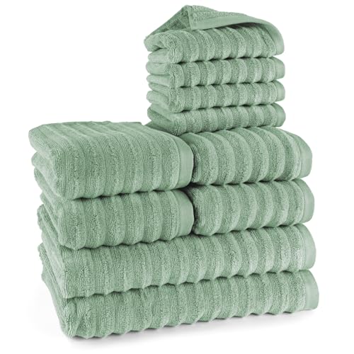 Pure Label 10-TLG. Handtücher Set mit Aufhängeschlaufen aus 100% Baumwolle, saugstark und weich - 2X Badetuch (70x140cm) 4X Handtuch (50x100cm) 4X Gästetuch (30x50cm), Salbeigrün