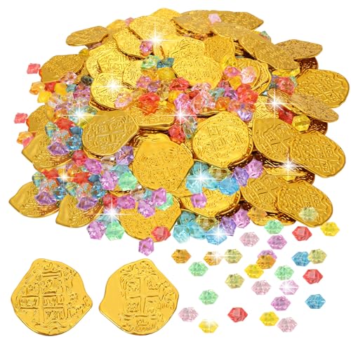 TianFukj 200 Stück Piratenschatz, 100 Stück Goldmünzen Kinder und 100 Stück Edelsteine für Kinder für Piratenschatz Kindergeburtstag, Schatzkiste Kindergeburtstag