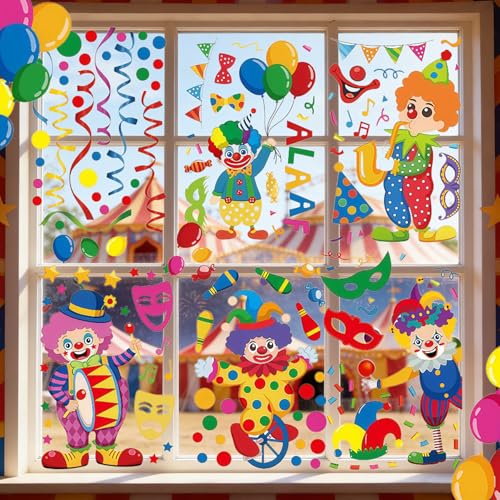 9 Blatt Fensterbilder Karneval,Selbstklebend Clown Fenster Aufkleber,Fenster Abziehbilder Sticker,Wiederverwendbar Clown Fensterdeko,Karneval Tiere Fensteraufkleber Clown,Karneval Zirkus Deko