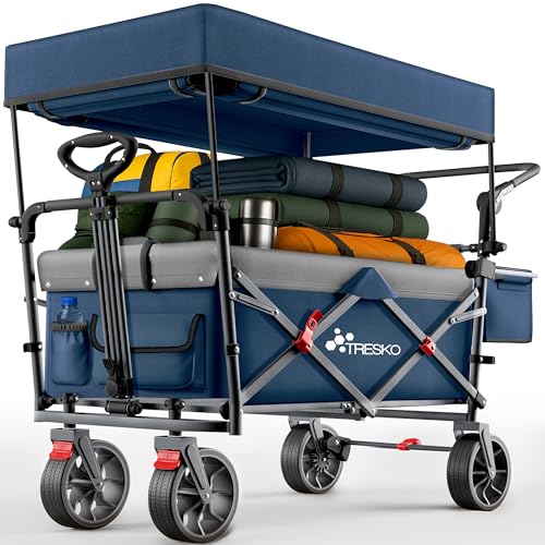 TRESKO® Bollerwagen Faltbar mit Dach, Kühlfach & Seitenrollos | Handwagen max. belastbar bis 150kg | Transportwagen mit Vollgummireifen & Feststellbremsen (Vorne & Hinten) und 3-Punkt-Gurt (Blue)