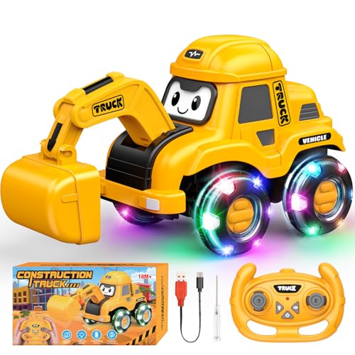 HappyGoLucky Ferngesteuertes Auto Bagger Spielzeug ab 2-8 Jahre, 2.4Ghz RC Bagger Kinder Sandspielzeug mit Licht, Baufahrzeug Spielzeugautos Geburtstags Weihnachts Geschenk für Kinder Junge
