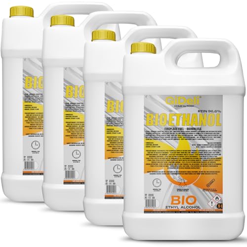 GiDeli Bioethanol 96,6% Geruchlos 4X 5L - Bio Ethanol für Tischkamin, Kamin Indoor & Outdoor - Rauchfrei und Rußfrei - Aus Mais & Zuckerrüben