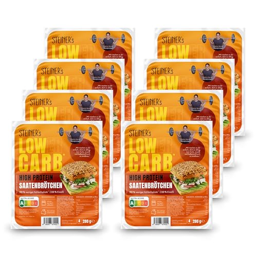 STEINER´s Low Carb High Protein Saatenbrötchen | 92% weniger Kohlenhydrate | high protein | nur 2,8g Kohlenhydrate | 23g Eiweiß (8er Pack, 32 Stk.)