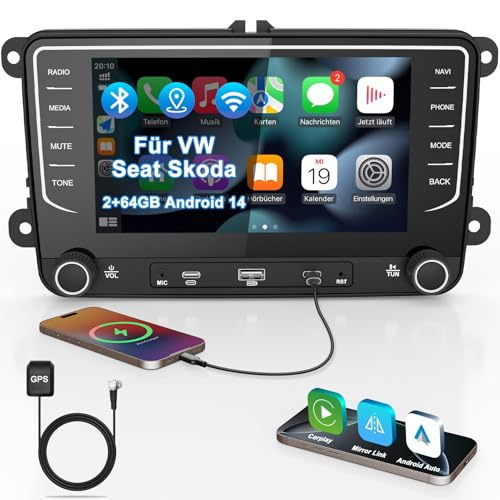 Autoradio mit Bildschirm Bluetooth 2+64GB für VW Golf 5 6 T5 Polo 6R Passat Caddy Seat Skoda, 2DIN 7 Zoll Auto Radio mit Navi DAB WLAN FM/AM, Apple Carplay, Android Auto, Lenkradsteuerung, Android 14