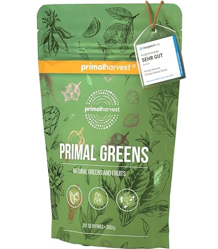Primal Harvest Primal Greens Pulver für Sportler, mit Bio-Gerstengras, Vitaminen, Mineralstoffen, Bakterienstämmen und Spirulina, für Smoothies, 300 g