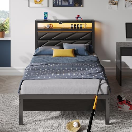 Seventable Bett 90x200 mit LED, Ladestation (2 USB-Anschlüsse & 1 Typ-C-Anschluss), Metallbett mit Gepolstertem Kopfteil & Stauraum, perfekt für Kinderzimmer, Jugendzimmer, Schwarz