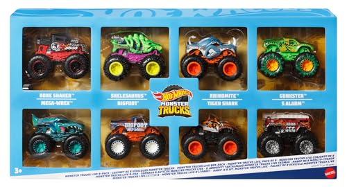 Hot Wheels Monster Trucks, Set aus 8 Die-Cast-Spielzeugtrucks im Maßstab 1:64 mit Hero und bei Fans beliebten Charakteren aus Monster Trucks Live und der YouTube-Serie, JCW76