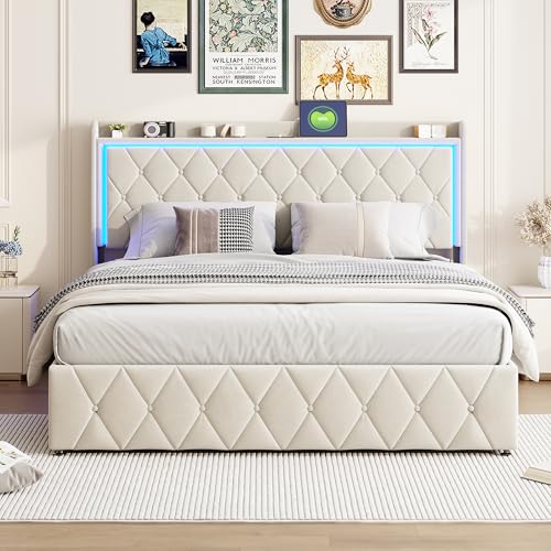 NSXSBUZ Polsterbett 160 x 200 cm mit Stauraum,LED-Beleuchtung, Doppelbett mit Kopfteil, hydraulischem Stauraumbett mit Rückenlehnenrahmen, Matratze Nicht im Lieferumfang enthalten (beige, 160x200cm)