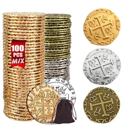 ZUCOS Piraten Münzen Zubehör,Goldmünzen-Set, Metall Goldtaler Deko Dublonen für DND Brettspiele, Cosplay, Realistische Mittelalter Geld-Imitation, Piratenschatz (Gold 50,Silver 30,Copper 20, Large)