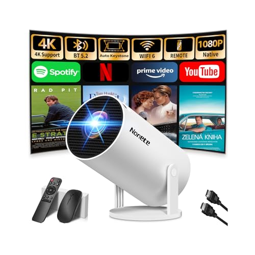 Beamer 4K Projektor Full HD 1080P【2026 Modell】 Mini Beamer mit WiFi 6 und Bluetooth 5.2, Android Tragbarer Projector 270° Dreh mit Auto Keystone für PC/HDMI/USB,mit Maus und Fernbedienung, Weiß